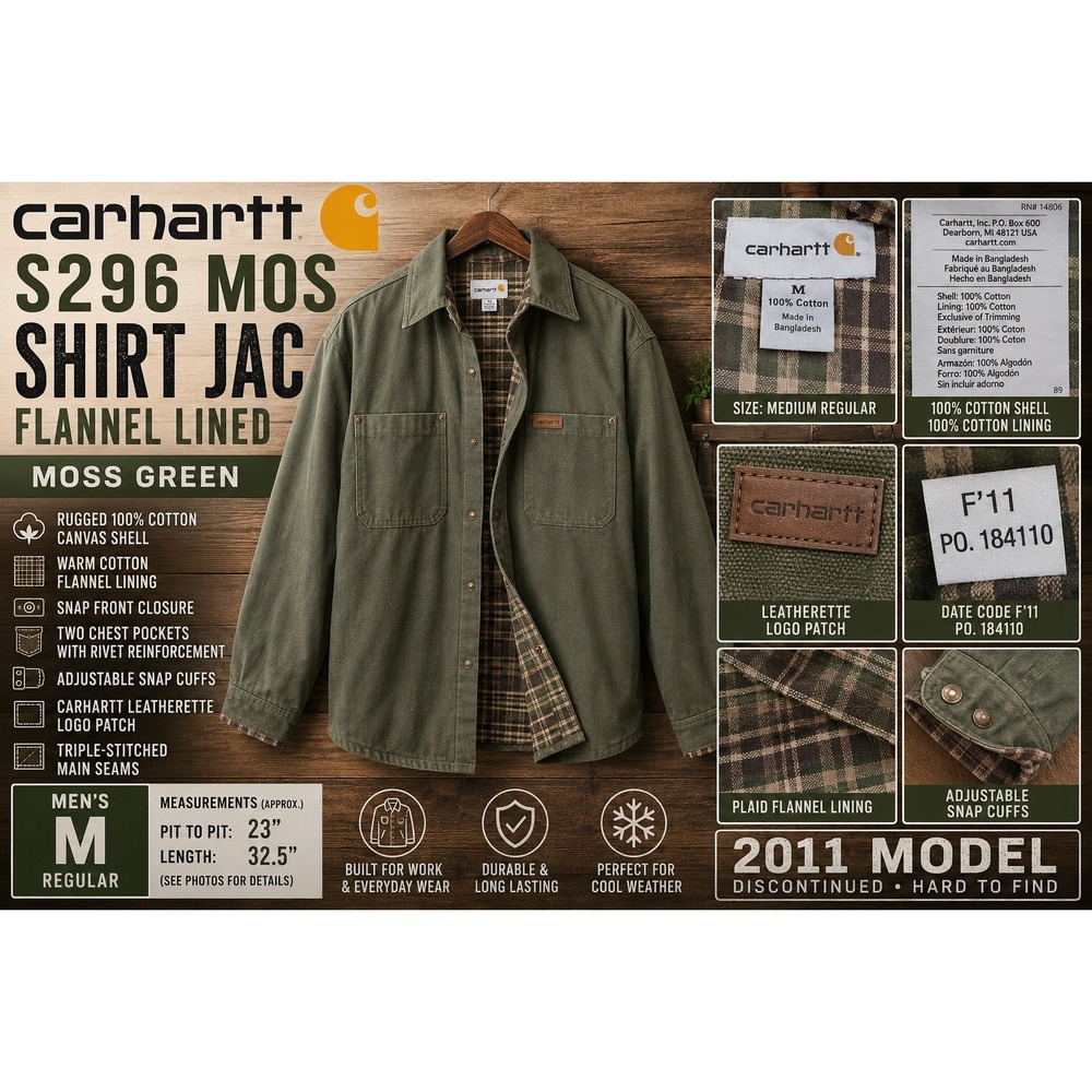 Carhartt S296 MOS Shirt Jac Flannel Lined Moss Green Canvas Work Jacket Mens M